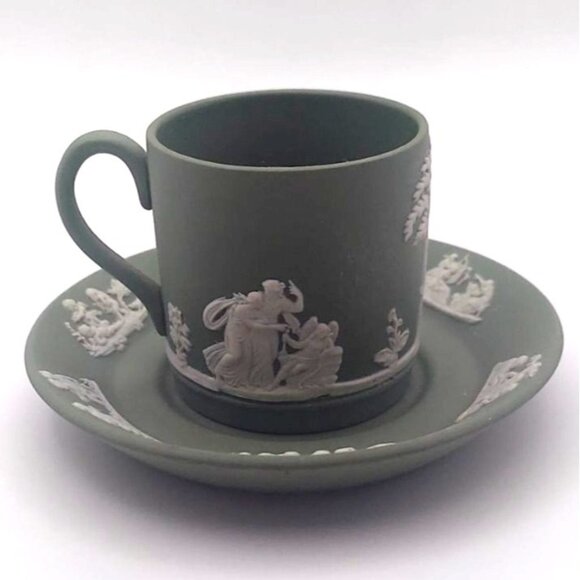 Vintage Wedgwood Sage Green Jasperware Demitasse Cup & Saucer England Porcelain - Picture 4 of 10